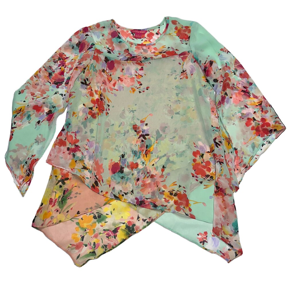 Sunny Leigh Floral Chiffon Blouse M Sheer Watercolor Handkerchief Boho